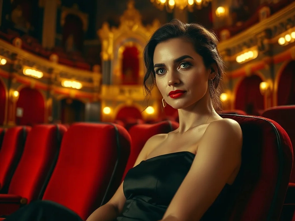 Elegancka kobieta w koktajlowej sukni siedzi w czerwonym fotelu teatralnym na tle wnętrza opery.