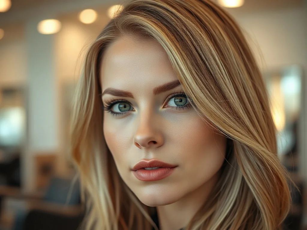 Kobieta z modną fryzurą typu „root smudge”, prezentująca płynne przejście między ciemnymi odrostami a blond włosami.